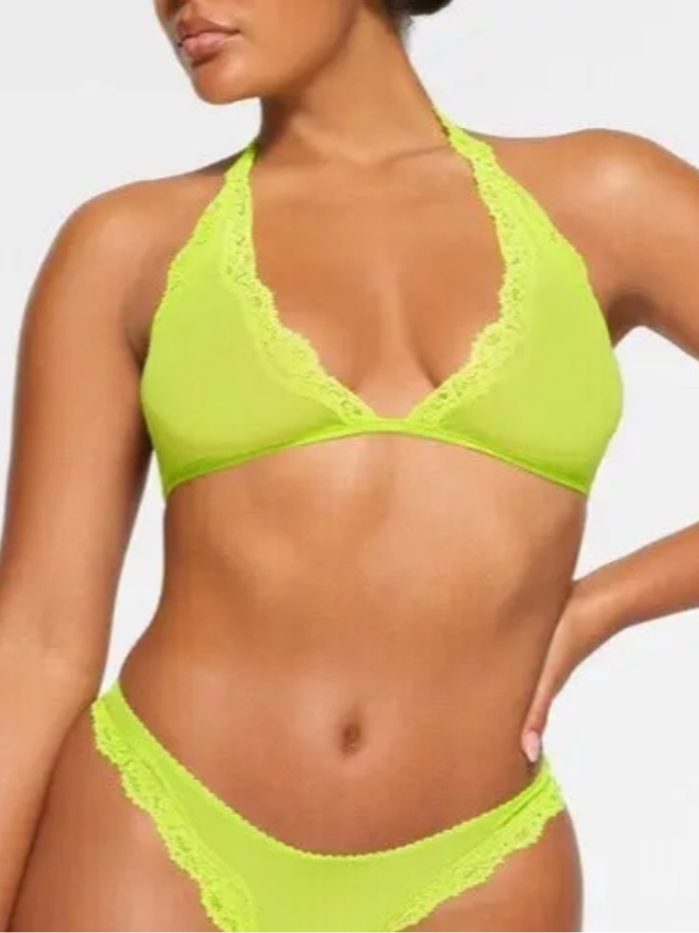 Skims Summer Mesh Lace Plunge Halter Bralette Green Highlighter Medium